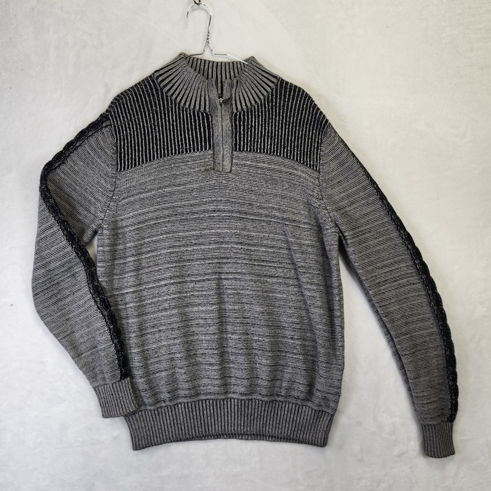 Rock & Republic Mens XL 1/4 Zip Sweater Grey‎ Black Textured Knit Braided Sleeve